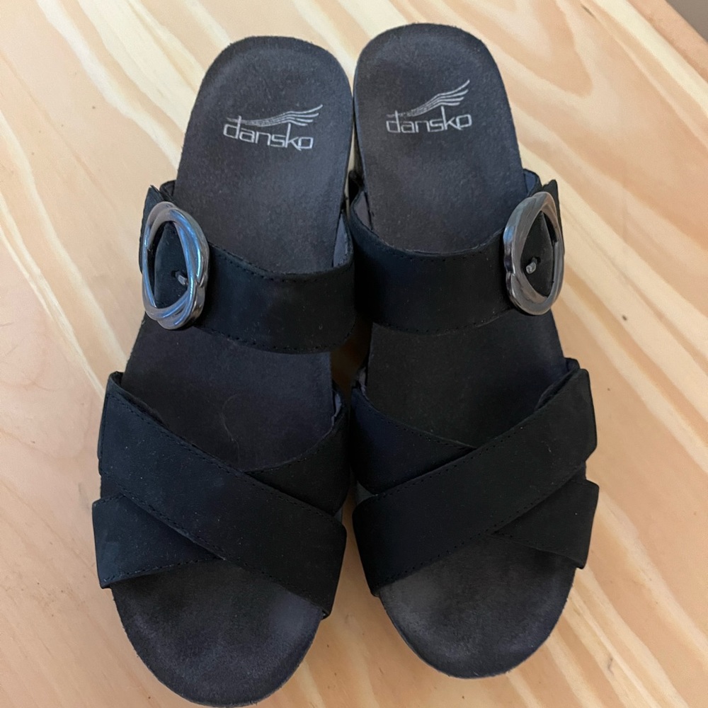 Dansko Black Suede Crisscross Slide Sandals with Buckle